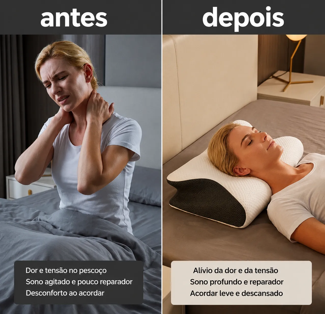 Comparação antes e depois do descanso com a almofada cervical TRYLUXE